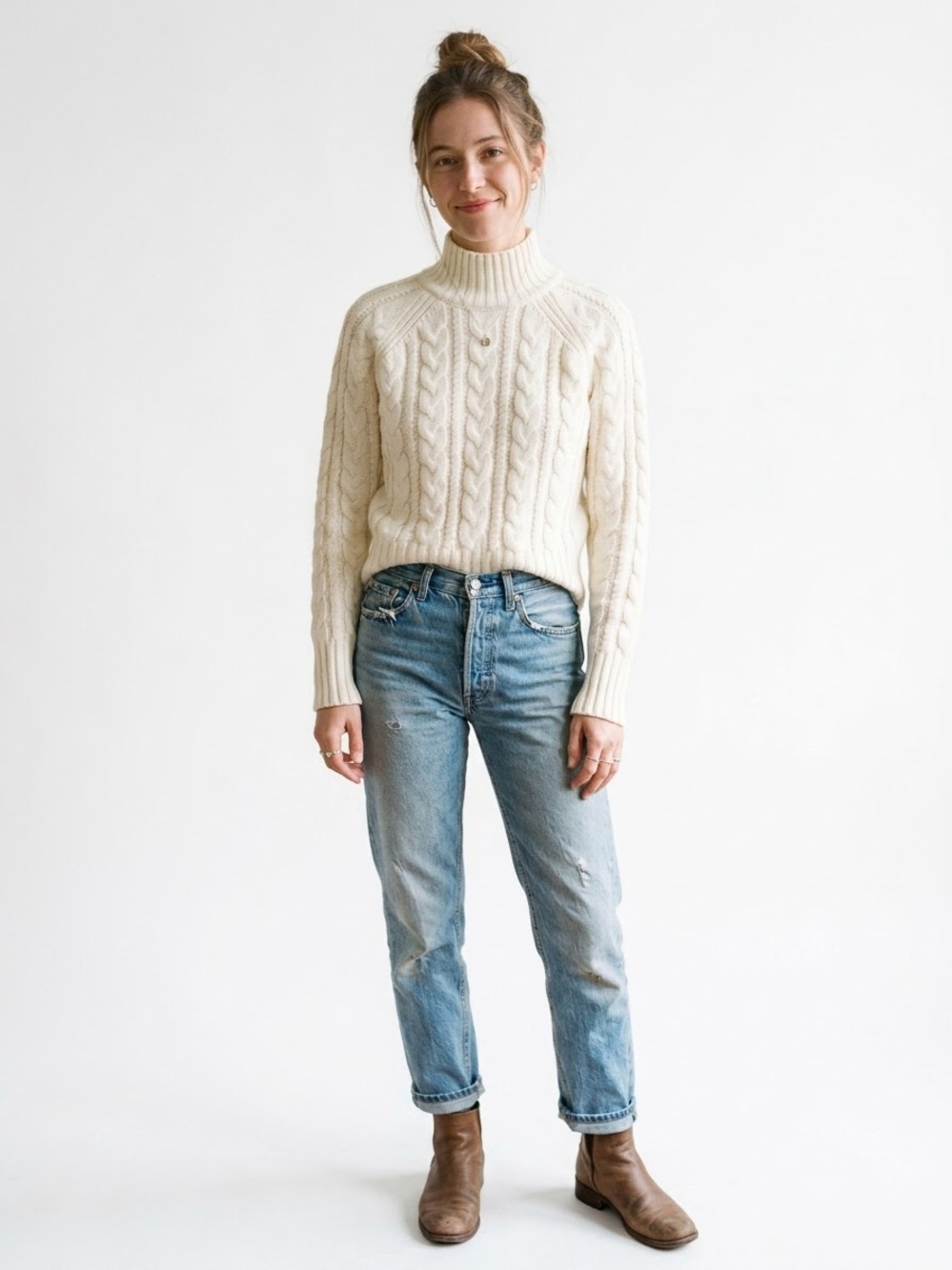 Guess by Marciano Cream Cable Knit Turtleneck Sweater